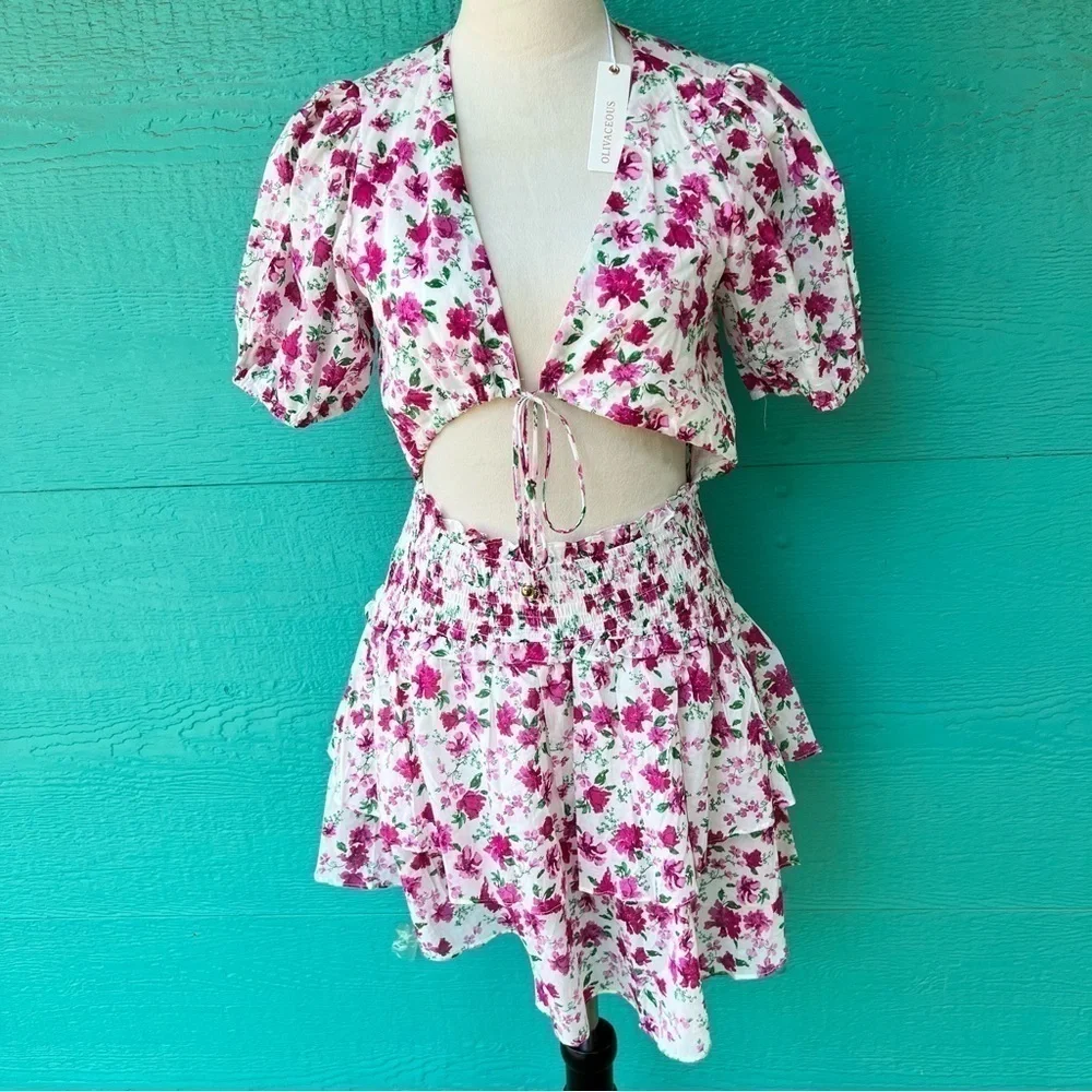 PINK Floral Smocked Waist Tie Front Tiered Ruffle Hem Cutout Dress Medium NWT